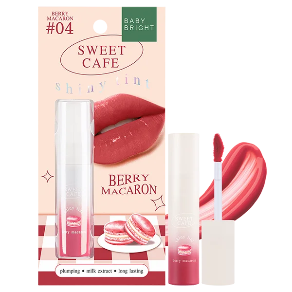 Baby Bright Sweet Cafe Shiny Tint 04 Berry Macaron - Korean plumping lip tint with Jeju Island milk extract and collagen