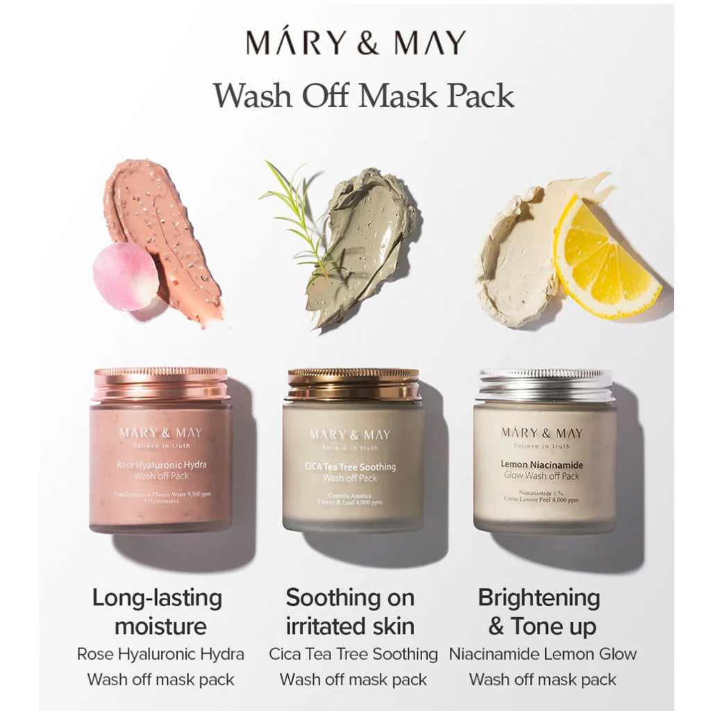 Mary&May Wash Off Mask Pack Set Rose Hyaluronic CICA TeaTree Lemon Niacinamide